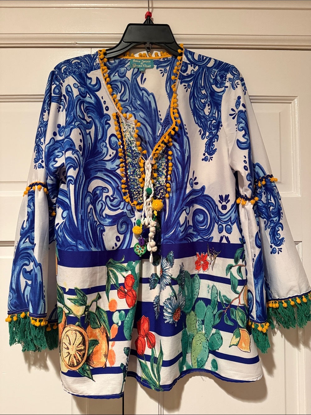 Antica Sartoria by Giacomo Cinque Blue & White Floral-Palm Print Tunic